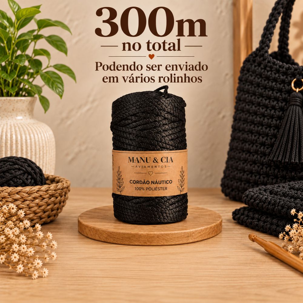 Cordão Náutico Preto Poliéster 300m | Kit para Crochê, Bolsas, Cestos, Macramê e Artesanato